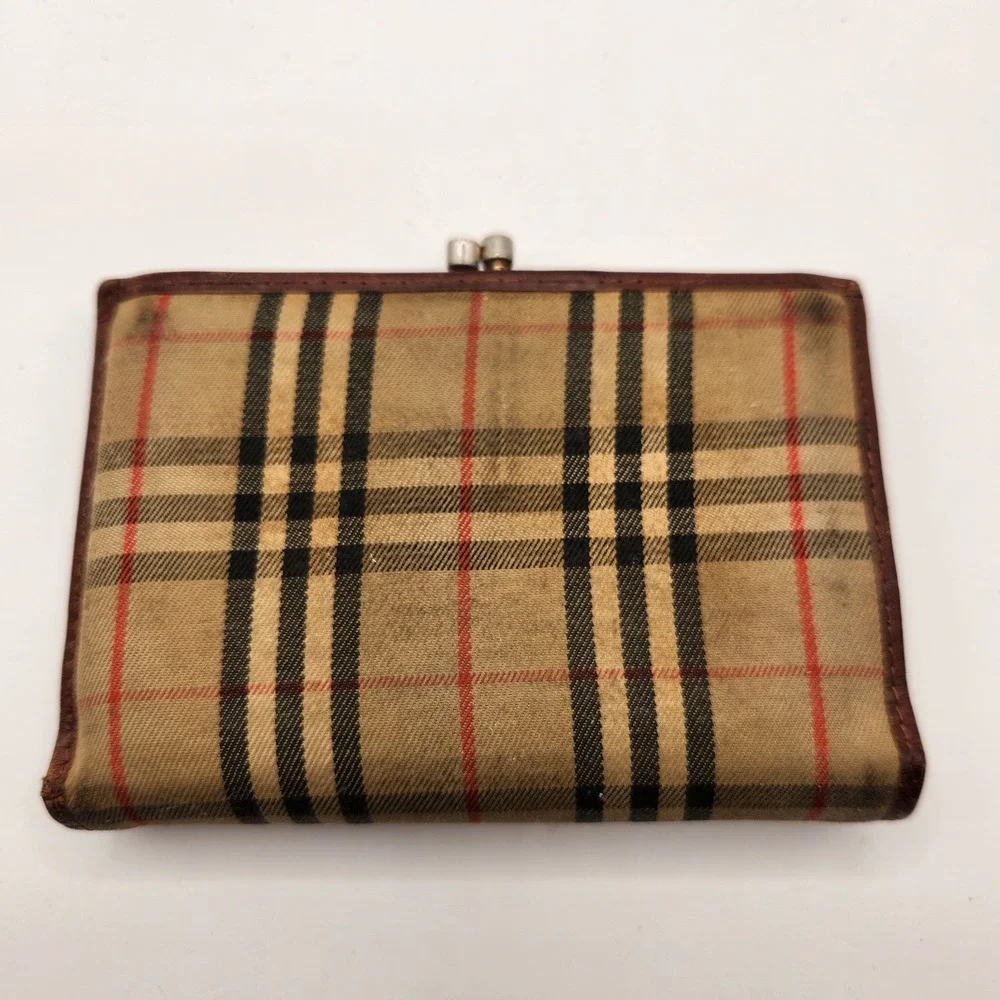 Vintage Burberry Classic Nova Check Kiss Lock Bifold Wallet Canvas Leather